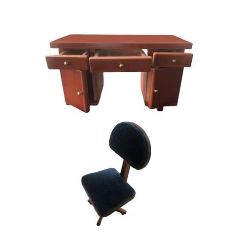 MagiDeal Puppenhaus-Computertisch und Stuhl, Miniatur-Wohnmöbel im Maßstab 1:12, Simulations-Puppenhausmöbel aus Holz für vorgetäuschtes Spielen von MagiDeal