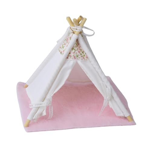 MagiDeal Puppenhaus-Zelt, Miniaturmöbel, kleines Modell, simuliertes Spielzeug, Mini-Holzhütte für Haushalt, Party, Wohnzimmer, Camping, Kind, mit rosa Pad von MagiDeal