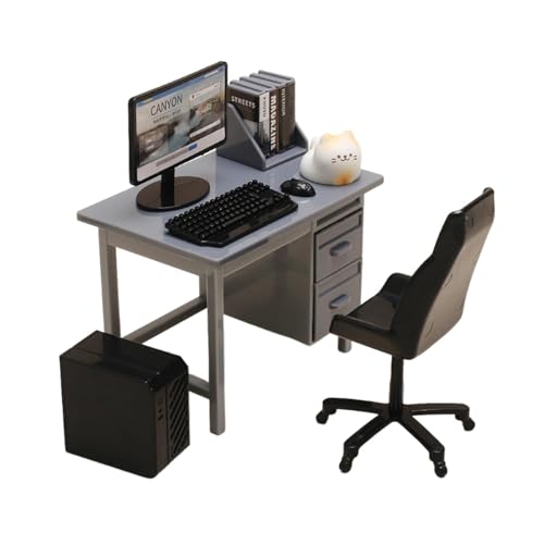 MagiDeal Puppenhausmöbel Miniatur-Computer-Set Mini-Dekorativer Kreativer Tischstuhl Simulationszubehör Puppenhauszubehör, Grauer Schreibtisch von MagiDeal