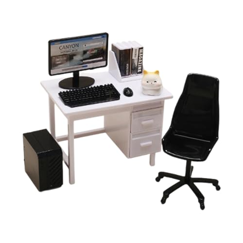 MagiDeal Puppenhausmöbel Miniatur-Computer-Set Mini-Dekorativer Kreativer Tischstuhl Simulationszubehör Puppenhauszubehör, Weißer Schreibtisch von MagiDeal