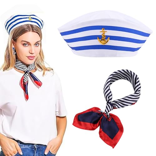 Streifen Matrosenmütze und Schal Set, Kapitän Matrosen Kostüm Set, blau und weiß gestreifte Matrosenkapitäne Mütze und roter Rand blauer quadratischer Schal für Kostümzubehör von MagiSel