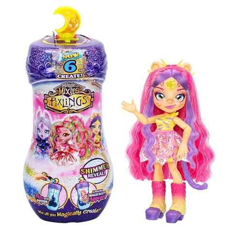 Magic Mixies Pixlings Shimmerverse Serie, kreieren und mischen Sie einen magischen Trank, um Tiggz The Tiger Pixling zu enthüllen, sehen Sie, wie diese schöne modische Puppe von 16,5 cm in der Flasche von Magic Mixies