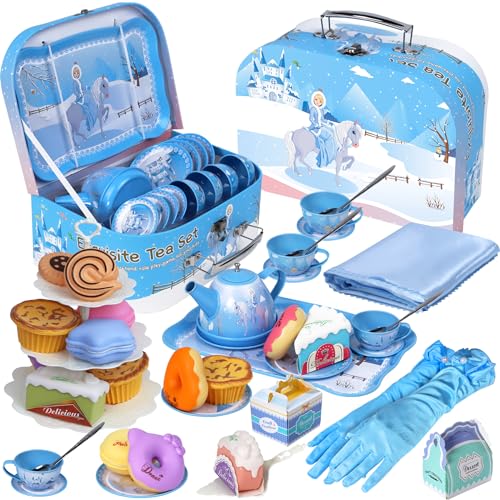 Magic4U Teeservice Kinder,Spielzeug Tragekoffer,Teeparty Rollenspiel Kleine Mädchen,Zinn Tee Set mit Dessert Donut Spielzeug Zubehör Teeparty Set Teekanne Kinder Teeservice Set Geschenke ab 3 Jahren von Magic4U