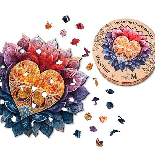 MagicHolz – Holzpuzzle Mandala Blühendes Herz – rundes Holz Puzzle Ø 35 cm – besondere Geschenkidee für Erwachsene & Kinder – inkl.Premium Holzbox von MagicHolz