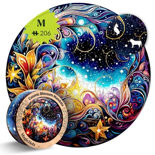 MagicHolz – Holzpuzzle Mandala Kosmische Blüten – rundes Holz Puzzle Ø 27 cm – besondere Geschenkidee für Erwachsene & Kinder – inkl.Premium Holzbox von MagicHolz