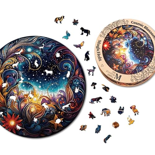 MagicHolz – Holzpuzzle Mandala Kosmische Blüten – rundes Holz Puzzle Ø 35 cm – besondere Geschenkidee für Erwachsene & Kinder – inkl.Premium Holzbox von MagicHolz