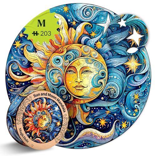 MagicHolz – Holzpuzzle Mandala Sonne und Mond – rundes Holz Puzzle Ø 27 cm – besondere Geschenkidee für Erwachsene & Kinder – inkl.Premium Holzbox von MagicHolz
