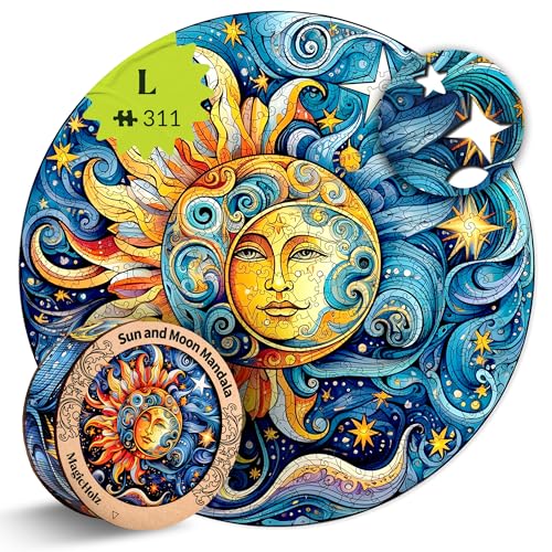 MagicHolz – Holzpuzzle Mandala Sonne und Mond – rundes Holz Puzzle Ø 31 cm – besondere Geschenkidee für Erwachsene & Kinder – inkl.Premium Holzbox von MagicHolz