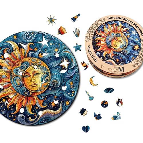 MagicHolz – Holzpuzzle Mandala Sonne und Mond – rundes Holz Puzzle Ø 47 cm – besondere Geschenkidee für Erwachsene & Kinder – inkl.Premium Holzbox von MagicHolz