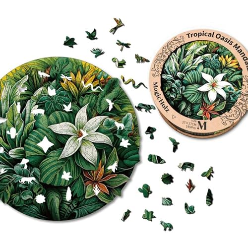 MagicHolz – Holzpuzzle Mandala Tropische Oase – rundes Holz Puzzle Ø 35 cm – besondere Geschenkidee für Erwachsene & Kinder – inkl.Premium Holzbox von MagicHolz