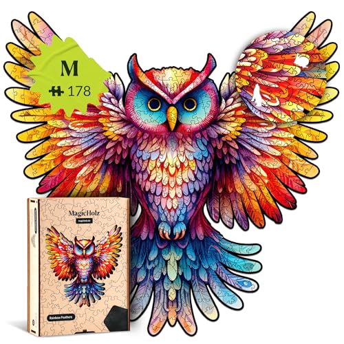 MagicHolz – Holzpuzzle Regenbogenfeder | Eule – Holz Puzzle 27 x 26 cm inkl.Premium Holzbox – besondere Geschenkidee für Erwachsene & Kinder von MagicHolz