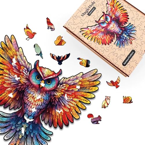 MagicHolz – Holzpuzzle Regenbogenfeder | Eule – Holz Puzzle 27 x 26 cm inkl.Premium Holzbox – besondere Geschenkidee für Erwachsene & Kinder von MagicHolz