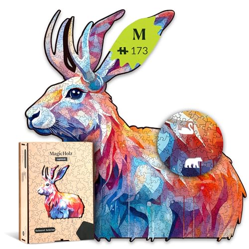 MagicHolz – Holzpuzzle Verwunschener Jakalope | Hase – Holz Puzzle 27 x 26 cm inkl.Premium Holzbox – besondere Geschenkidee für Erwachsene & Kinder von MagicHolz