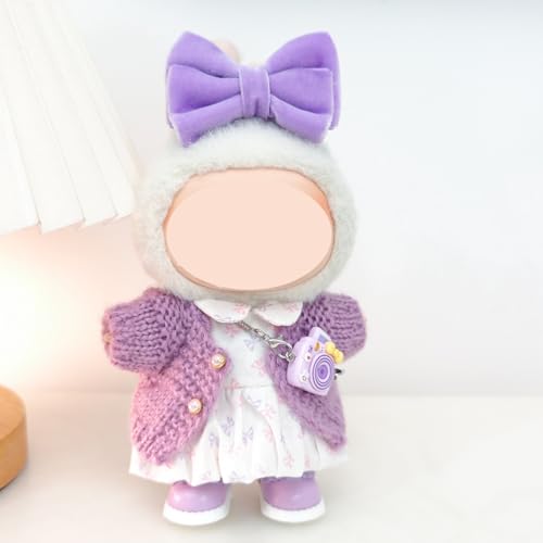 17 cm langes Kleidungsset (ohne Puppe), violetter Strickjacken-Pullover + Haar-Accessoires mit Schleife + weißes Kleid + Kamera + Schuhe für Puppen zum Verkleiden von Puppen von Magicaldiy