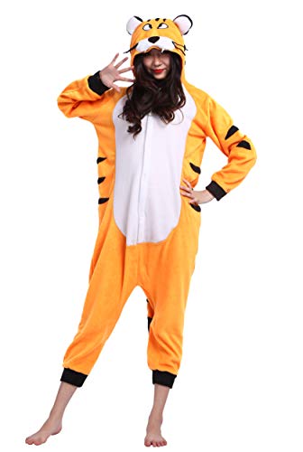 Unisex Kigurumi Jumpsuit Tier Pyjamas Kostüm Fasching Onesie Damen Herren Karneval Cosplay Nachtwäsche, Orange Tiger von Magicmode