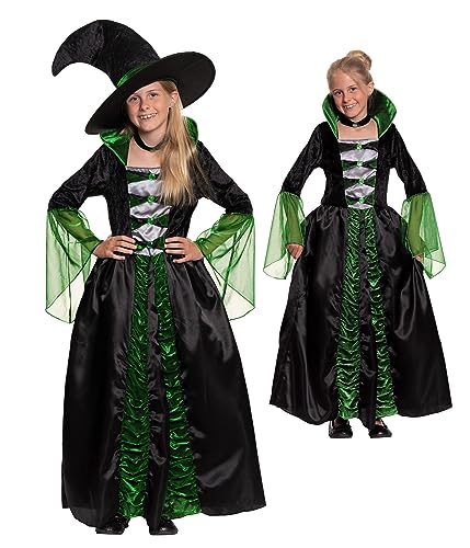 Magicoo 2 in 1 Halloween Hexenkostüm Vampir Kostüm Kinder Mädchen - Hexe Vampirkostüm Kind grün schwarz (S) von Magicoo