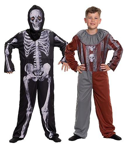 Magicoo 2 in 1 doppelseitiges Halloween Kostüm: Skelett & horror Clown Kostüm Kinder Jungen - reversibles Kostüm Clownkostüm & Skelettkostüm Kind (L (134-140)) von Magicoo