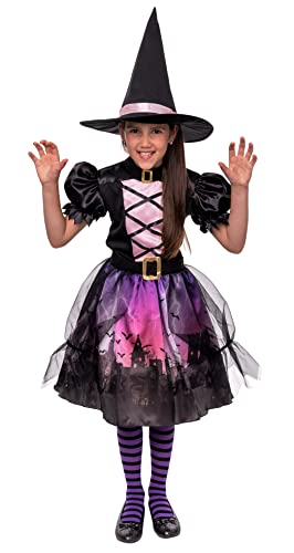 Magicoo Burghexe Hexenkostüm für Mädchen Kinder Rosa Schwarz - von Gr 104 bis 140 - Halloween Hexe-Kostüm Kind Halloweenkostüm (110/116) von Magicoo