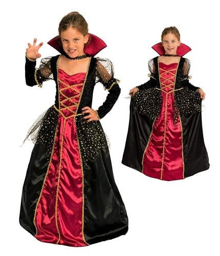 Magicoo elegante Vampirin - Vampir Kostüm Kinder Mädchen rot-schwarz-gold - Halloween Vampirkostüm Kind Gr. 110 bis 140 (110/116) von Magicoo
