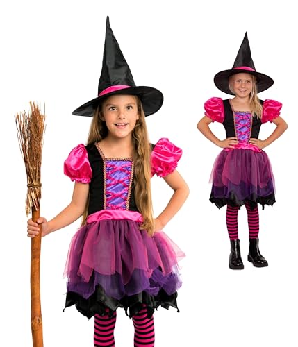 Magicoo Hexenkostüm Kinder Mädchen Halloween Kind Hexe Kostüm Hexenkleid Rosa S (110/116) von Magicoo