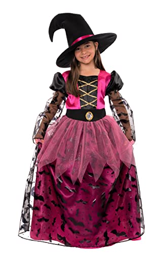 Magicoo Fledermaus Prinzessin Rosa Hexenkostüm für Kinder Mädchen inkl. langes Kleid, & Hexenhut - Gr 104 bis 140 - Halloween Hexe-Kostüm Kind (104) von Magicoo