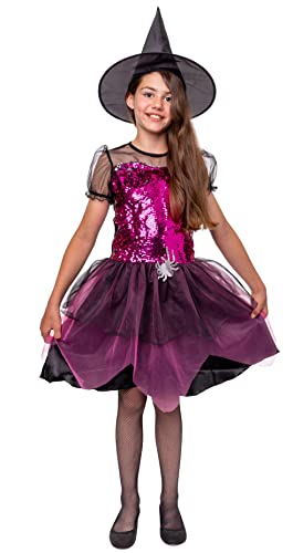 Magicoo Funkelnde Hexe Hexenkostüm für Mädchen Kinder Rosa Schwarz Halloween- von Gr 104 bis 140 - Halloweenkostüm Hexe (110/116) von Magicoo