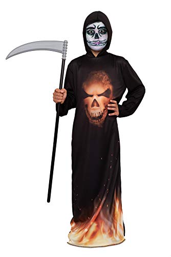 Magicoo Halloween Feuer Gespenst Skelett Kostüm Kinder Jungen schwarz inkl. Robe & Kapuze - Gr 110 bis 140 - Dämon Skelett-Kostüm Kind (110/116) von Magicoo