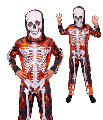 Magicoo Halloween Feuer Skelett Kostüm Kinder Jungen schwarz rot inkl. Overall & Maske - Halloween Gespenst Dämon Skelettkostüm Kind (L) von Magicoo