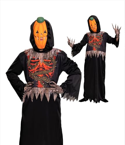 Magicoo Halloween Kürbis Skelett Kostüm Kinder orange Jungen schwarz inkl. Robe, Handschuhe & Maske - Halloween Gespenst Dämon Skelettkostüm Kind (L (134-140)) von Magicoo