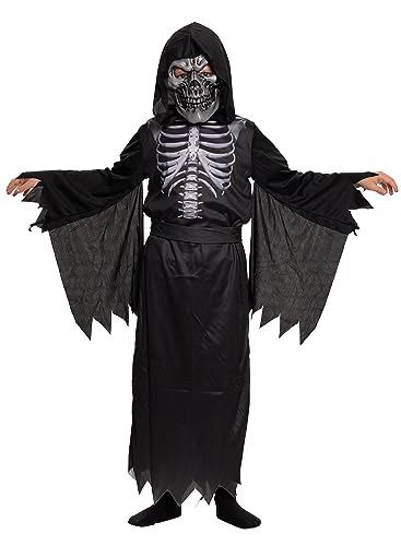 Magicoo Halloween Sensenmann Skelett Kostüm Kinder Jungen schwarz Gespenst Dämon Kind (L (134-140)) von Magicoo