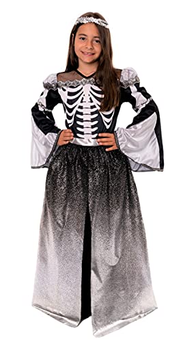Magicoo Halloween silbernes Prinzessin Skelett Kostüm Kinder Mädchen inkl. Kleid & Kopfschmuck - Gr 110 bis 140 - Vampir Kostüm Kind Hexenkostüm (110/116) von Magicoo
