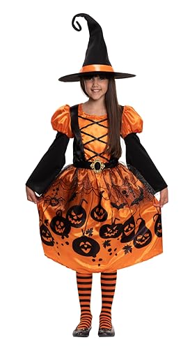 Magicoo Hexenkostüm Kinder Mädchen Halloween Hexe Kostüm Kind Orange 2-teiliges Set (M Medium (122-128)) von Magicoo