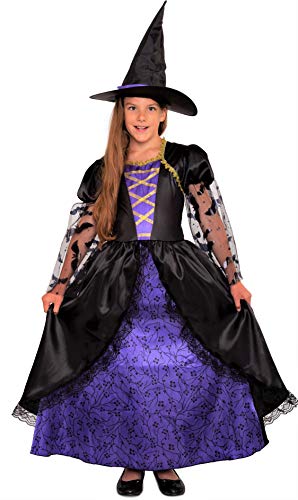 Magicoo Hexenkostüm Kinder Mädchen lila schwarz inkl. Kleid & Hut - Gr 110 bis 140 - Halloween Hexe-Kostüm Kind (122/128) von Magicoo