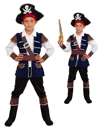 Magicoo Kapitän Piratenkostüm Kinder Jungen Blau/Schwarz/Gold Gr. 92 bis 140 - Fasching Pirat Kostüm Kind (M Medium 122-128) von Magicoo