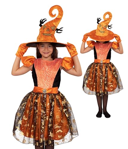 Magicoo Kürbishexe Hexenkostüm für Kinder Mädchen inkl. Kleid, Handschuhe & Hut - Gr 98 bis 146 - Halloween Hexe-Kostüm Kind (XS) von Magicoo