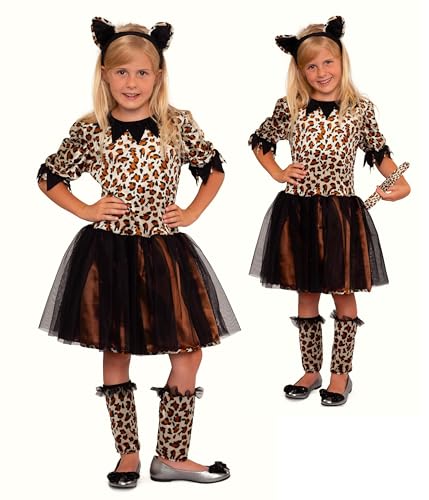 Magicoo Leopard Kostüm Kinder Mädchen inkl. Kleid, Haarreifen & Beinstulpen - Leoparden Gepard Kostüm Kind Fasching (M Medium (122/128)) von Magicoo