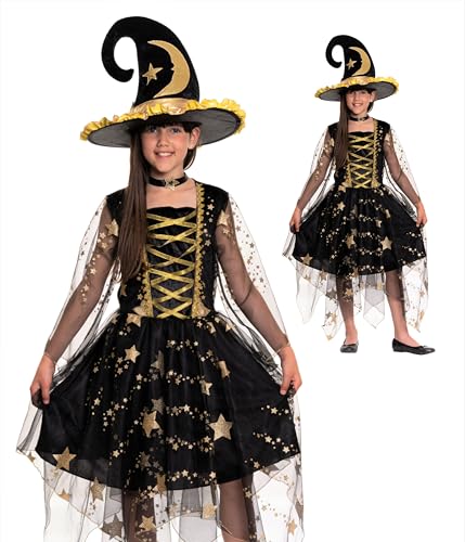 Magicoo Mondprinzessin Hexenkostüm für Mädchen Kinder Gold Schwarz Halloween - von Gr 110 bis 140 - Verkleidung Kostüm Hexe (M) von Magicoo