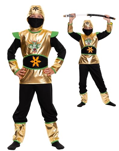 Magicoo Ninja Kostüm Kinder Jungen Gold Grün Gr 110 bis 140 - Ninja Anzug Kind Karneval (S Small (110/116)) von Magicoo