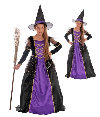 Magicoo Prinzessin Hexenkostüm Kinder Mädchen lila schwarz Gold - Kleid & Hut - Gr 110 bis 140 - Halloween Hexe-Kostüm Kind (122/128) von Magicoo