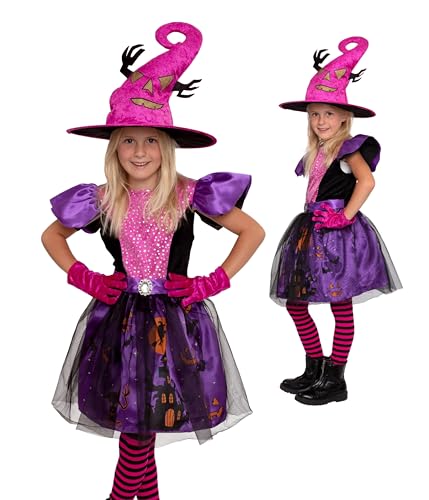 Magicoo Rosa Hexenkostüm für Kinder Mädchen inkl. Kleid, Handschuhe & Hut - Halloween Hexe-Kostüm Kind (XS) von Magicoo