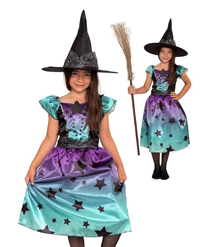Magicoo Zauber Sternen Hexenkostüm Kinder Mädchen inkl. Kleid & Hut - Gr 110 bis 140 - Halloween Hexe-Kostüm Kind (110/116) von Magicoo