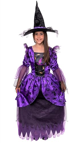 Magicoo Zauberin Hexenkostüm Kinder Mädchen lila schwarz inkl. Kleid & Hut - Gr 110 bis 140 - Halloween Hexe-Kostüm Kind (110/116) von Magicoo