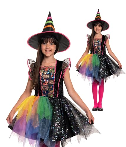 Magicoo buntes Hexenkostüm für Mädchen Kinder Halloween Verkleidung - von Gr 110 bis 140 - Verkleidung Kostüm Hexe (L) von Magicoo