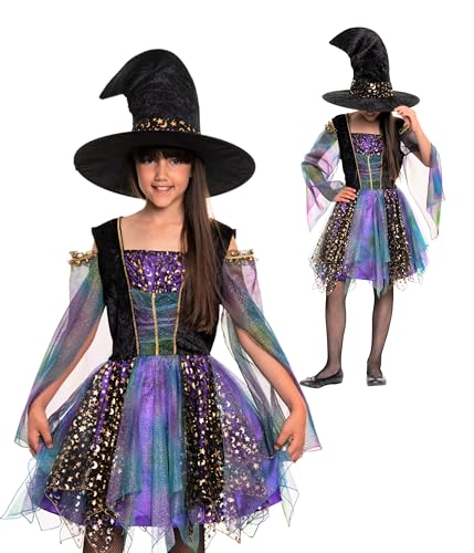 Magicoo funkelnde Sternhexe Hexenkostüm für Mädchen Kinder Blau Lila Gold Schwarz Halloween - von Gr 110 bis 140 - Halloween Kostüm Hexe (L) von Magicoo