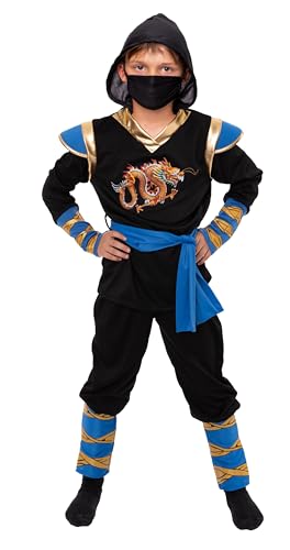 Magicoo goldener Drache Ninja Kostüm Kinder Jungen blau schwarz gold Gr 104 bis 146 - Fasching Kinder Ninja Kostüm für Kind (128-134) von Magicoo