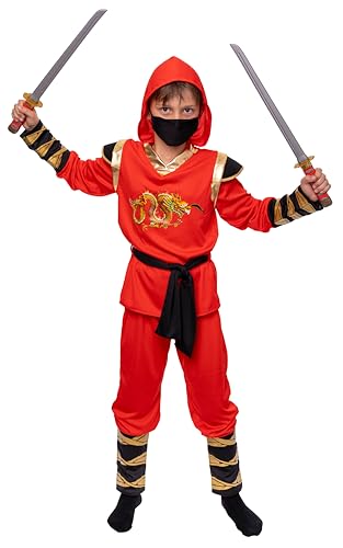 Magicoo goldener Drache Ninja Kostüm Kinder Jungen rot gold - Fasching Kinder Ninja Kostüm für Kind Ninjakostüm (M) von Magicoo