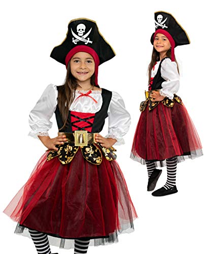 Magicoo schickes Piratenkostüm Mädchen Kinder Gr 116 bis 146 inkl. Kleid & Hut - Piraten Kostüm Fasching (116/122) von Magicoo