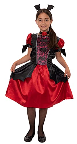 Magicoo süße Halloween Fledermaus Vampir Kostüm Kinder Mädchen inkl. Kleid, Haarreifen, Kette, Gr. 92 bis 140 - Vampirkostüm Kind rot schwarz (110/116) von Magicoo