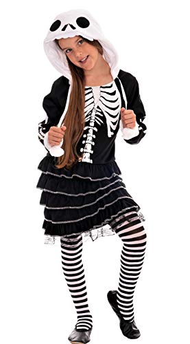 Magicoo süßes Skelett Kostüm Kinder Mädchen schwarz weiß inkl. Kleid mit Kapuz Halloween S (110/116) von Magicoo