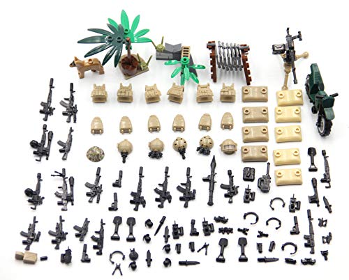 Magma Brick: Tarnungs-Zelte, Stacheldraht, Baum, M1919 Maschinengewehr, Waffe-Aufbewahrungsbehälter, M1A1und Maschinengewehr im Wüsten-Schlachtfeld die für Legos Mini-Figuren anfertigen von Magma Brick